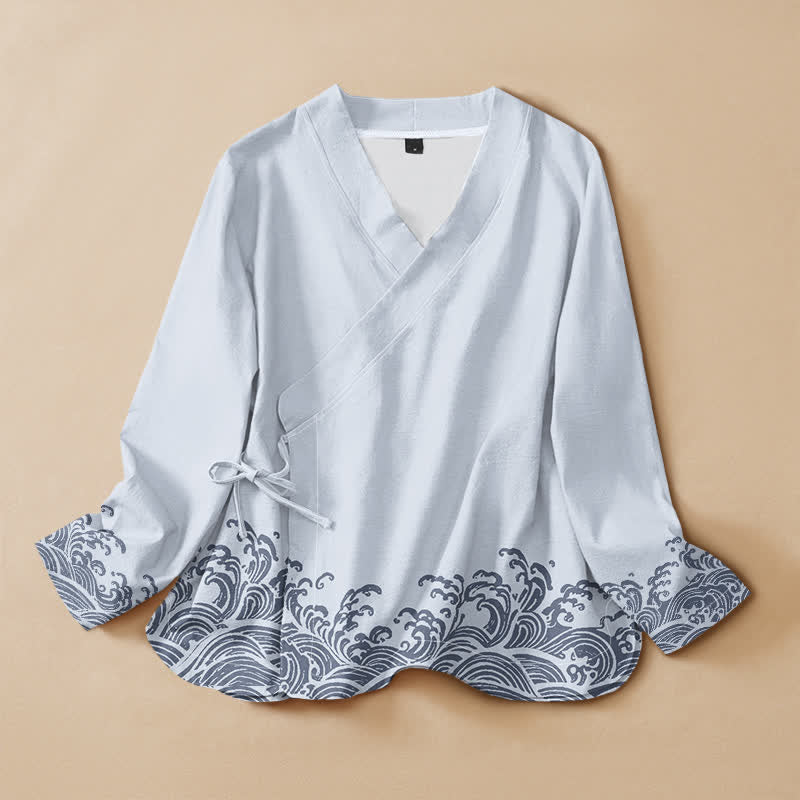 Buddha Stones Camisas de manga larga para mujer estilo Hanfu con cuello en V y cordones, de algodón con estampado de olas marinas. - Azul claro - US16，UK/AU20，EU48 (3XL) - image 0