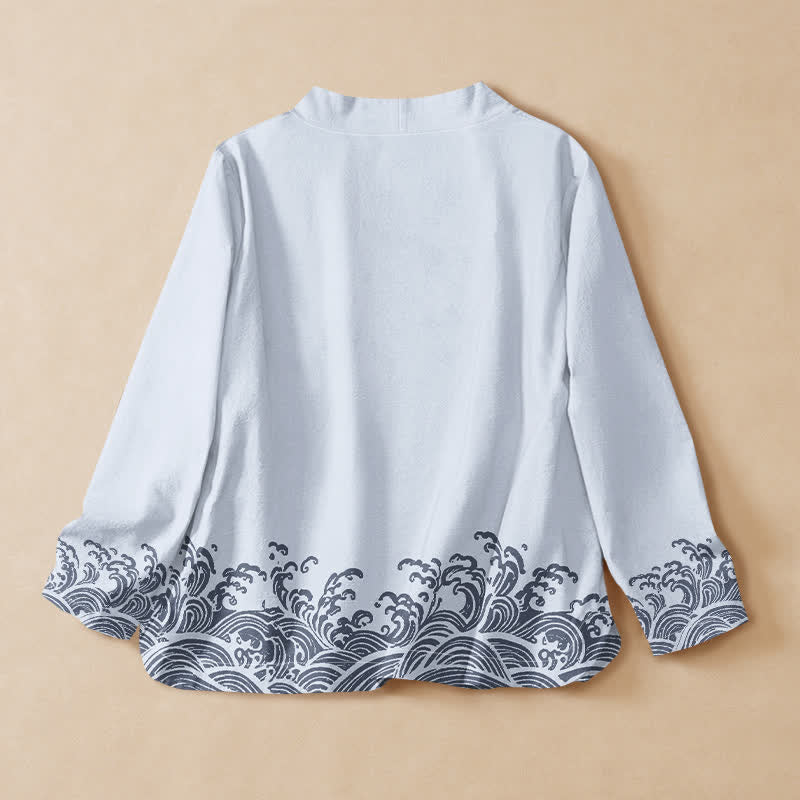 Buddha Stones Camisas de manga larga para mujer estilo Hanfu con cuello en V y cordones, de algodón con estampado de olas marinas. - image 1