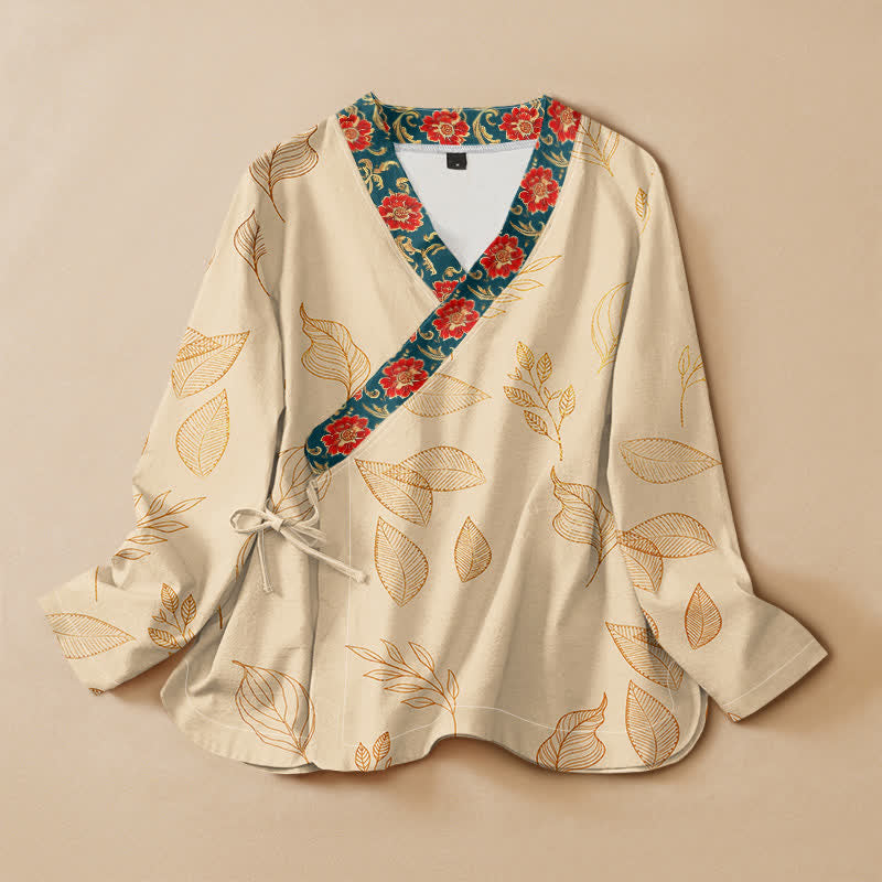 Buddha Stones Camisa de manga larga para mujer estilo Hanfu con cuello en V y cordones, de algodón y estampado de hojas doradas y flores rojas. - Lino - US16，UK/AU20，EU48 (3XL) - image 0