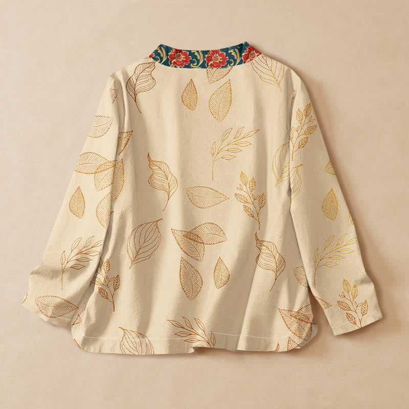 Buddha Stones Camisa de manga larga para mujer estilo Hanfu con cuello en V y cordones, de algodón y estampado de hojas doradas y flores rojas. - image 1