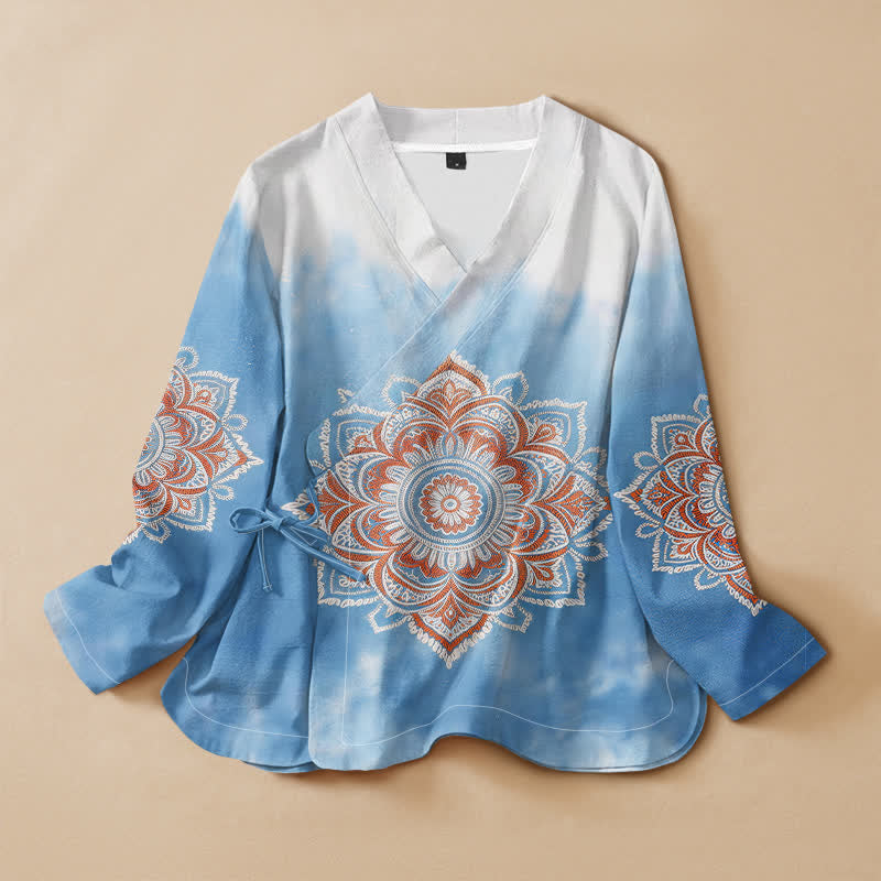 Kimono de manga larga para mujer con estampado de mandala estilo Hanfu, cuello en V y cordones, de algodón y estilo boho con Buddha Stones. - Celeste - US16，UK/AU20，EU48 (3XL) - image 0