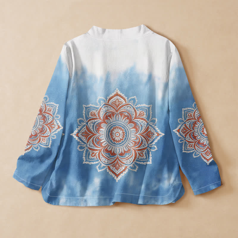 Kimono de manga larga para mujer con estampado de mandala estilo Hanfu, cuello en V y cordones, de algodón y estilo boho con Buddha Stones. - image 1