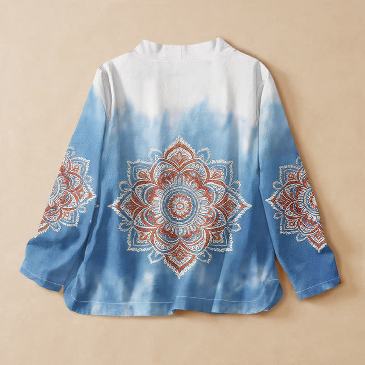 Buddha Stones Camisas de manga larga para mujer estilo Hanfu con cuello en V y cordones, de algodón y estampado de mandala estilo boho. - image 1