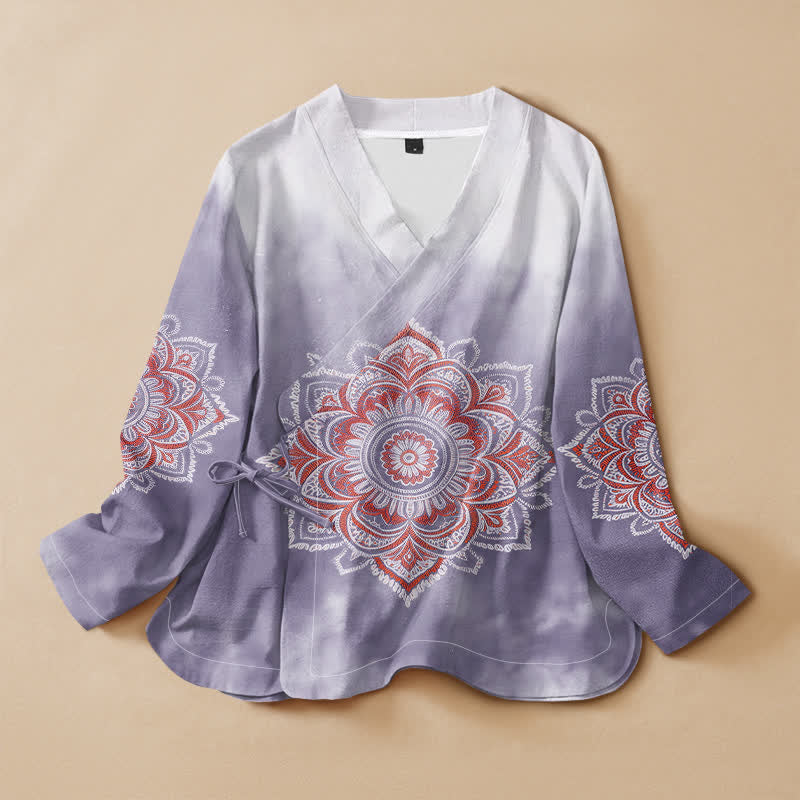 Buddha Stones Camisas de manga larga para mujer estilo Hanfu con cuello en V y cordones, de algodón y estampado de mandala estilo boho. - Cardo - US16，UK/AU20，EU48 (3XL) - image 7