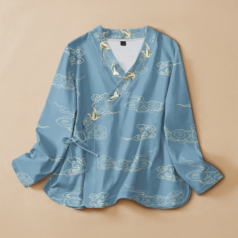 Buddha Stones Camisa de manga larga para mujer con cuello en V y cordones, con estampado de nube auspiciosa y grullas de algodón. - Azul claro - US16，UK/AU20，EU48 (3XL) - image 0