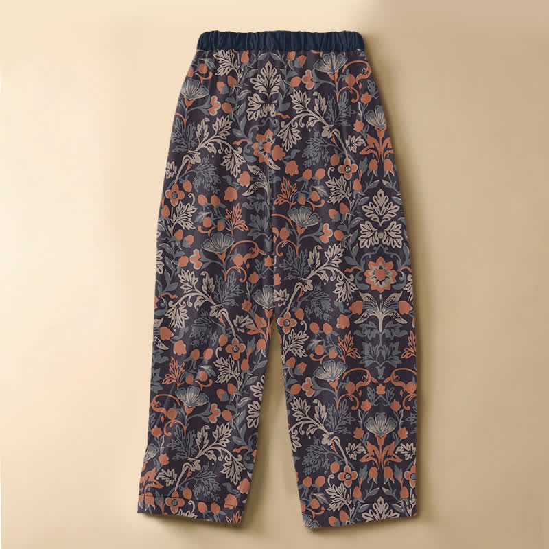 Buddha Stones Pantalones harem de mujer con cintura elástica y bolsillos, estampado floral bohemio de algodón puro y botones de rana. - image 1
