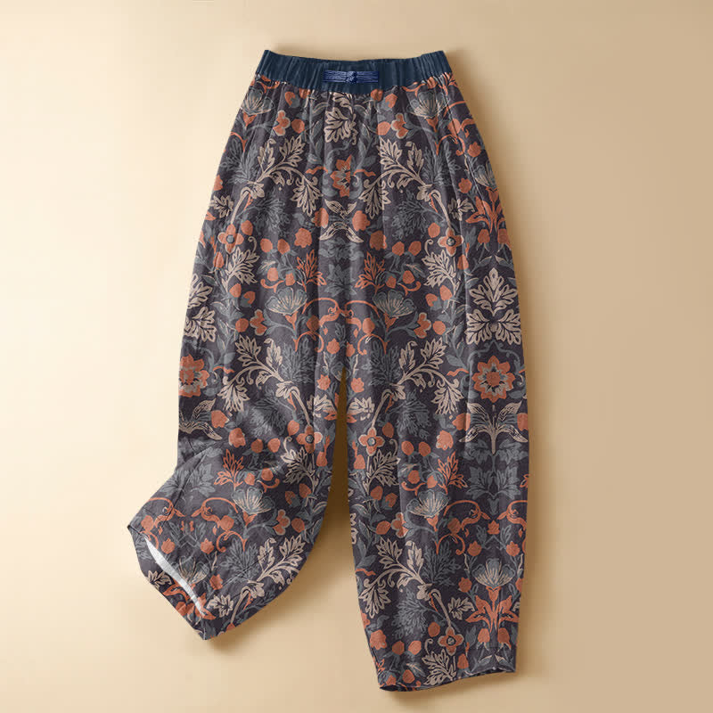 Buddha Stones Pantalones harem de mujer con cintura elástica y bolsillos, estampado floral bohemio de algodón puro y botones de rana. - Marrón silla de montar - US16，UK/AU20，EU48 (3XL) - image 0