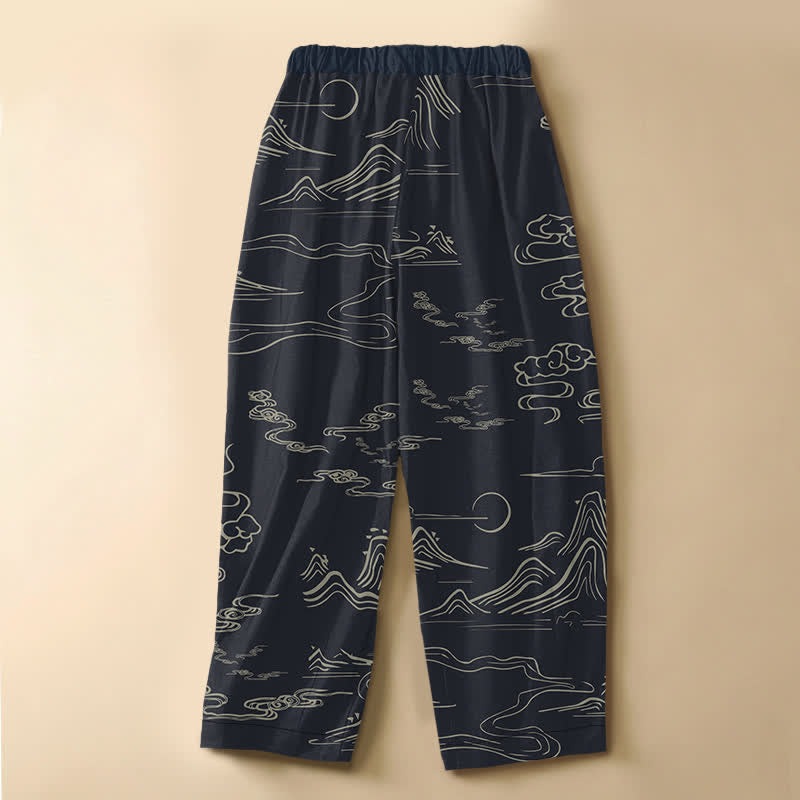 Buddha Stones Pantalones harem de algodón puro con estampado vintage de nubes y montañas, botones de rana y cintura elástica para mujer, con bolsillos. - image 1