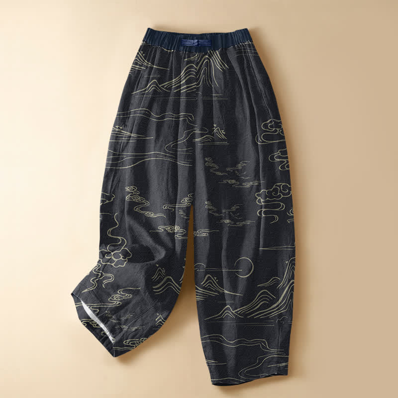 Buddha Stones Pantalones harem de algodón puro con estampado vintage de nubes y montañas, botones de rana y cintura elástica para mujer, con bolsillos. - Negro - US16，UK/AU20，EU48 (3XL) - image 0