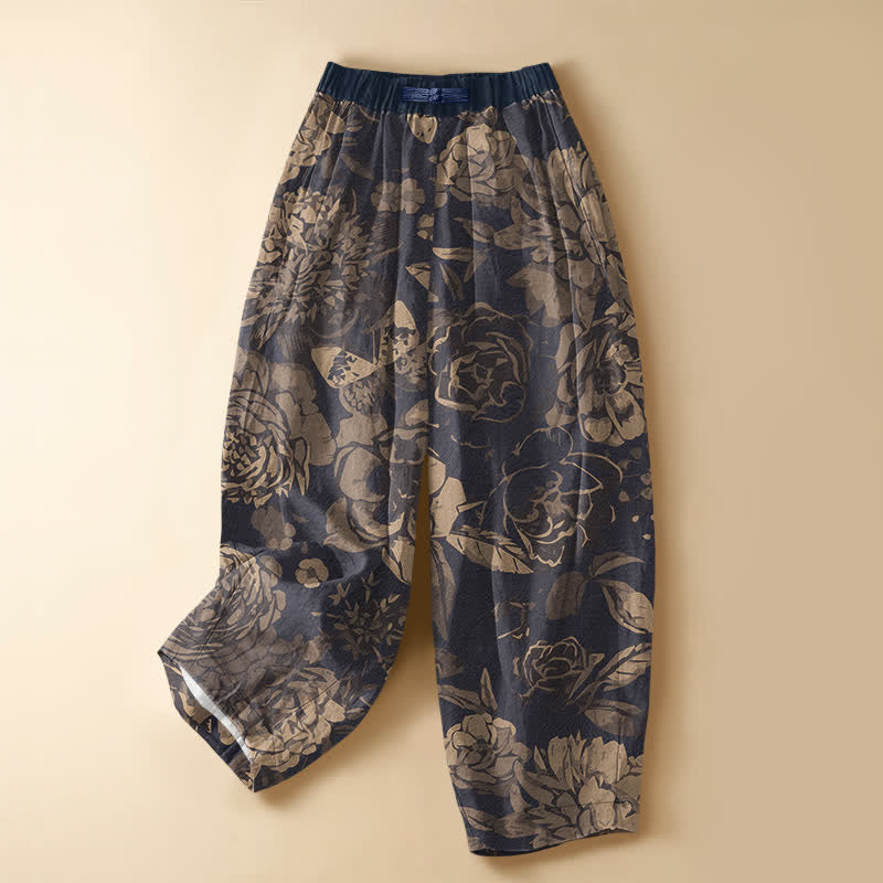 Buddha Stones Pantalones harem de mujer con cintura elástica y bolsillos, estampado de peonías, hojas y botones de rana, de algodón puro. - Marina de guerra - US16，UK/AU20，EU48 (3XL) - image 0