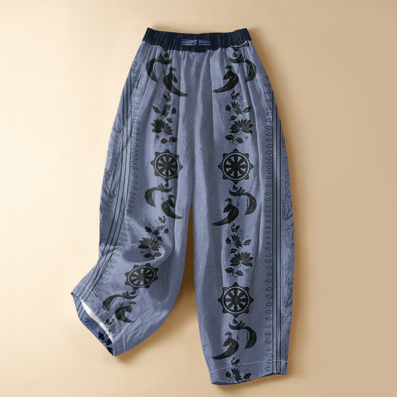 Buddha Stones Pantalones harem de algodón puro con estampado étnico Dharma Wheel Lotus OM, botones de rana y cintura elástica para mujer con bolsillos. - Azul acero claro - US16，UK/AU20，EU48 (3XL) - image 0