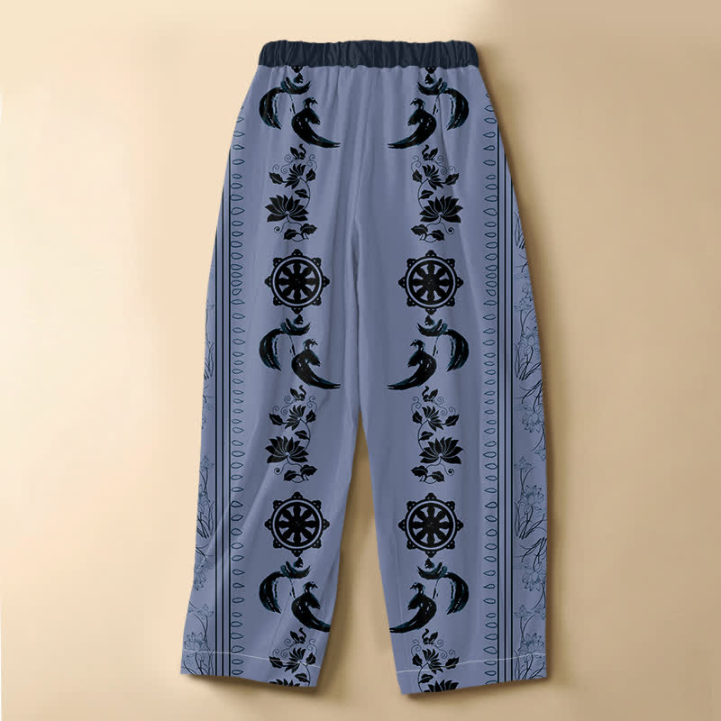 Buddha Stones Pantalones harem de algodón puro con estampado étnico Dharma Wheel Lotus OM, botones de rana y cintura elástica para mujer con bolsillos. - image 1