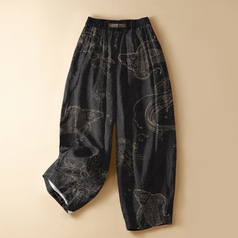Buddha Stones Pantalones harem de algodón puro con estampado de peces koi, flores, botones de rana y cintura elástica para mujer con bolsillos. - Negro - US16，UK/AU20，EU48 (3XL) - image 0