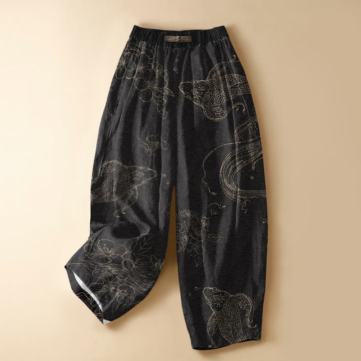 Buddha Stones Pantalones harem de algodón puro con estampado de peces koi, flores, botones de rana y cintura elástica para mujer con bolsillos. - Negro - US16，UK/AU20，EU48 (3XL) - image 0