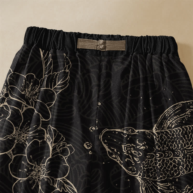 Buddha Stones Pantalones harem de algodón puro con estampado de peces koi, flores, botones de rana y cintura elástica para mujer con bolsillos. - image 2