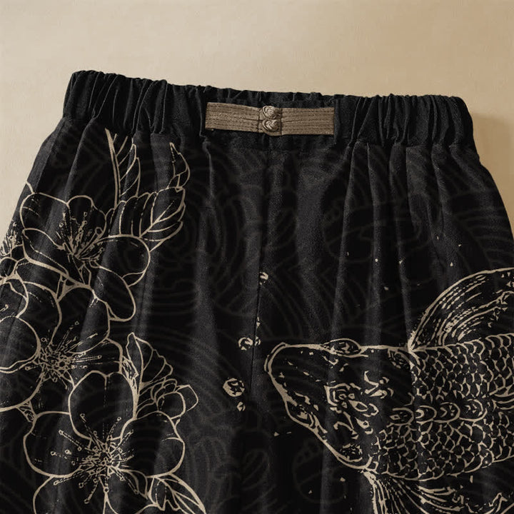 Buddha Stones Pantalones harem de algodón puro con estampado de peces koi, flores, botones de rana y cintura elástica para mujer con bolsillos. - image 2