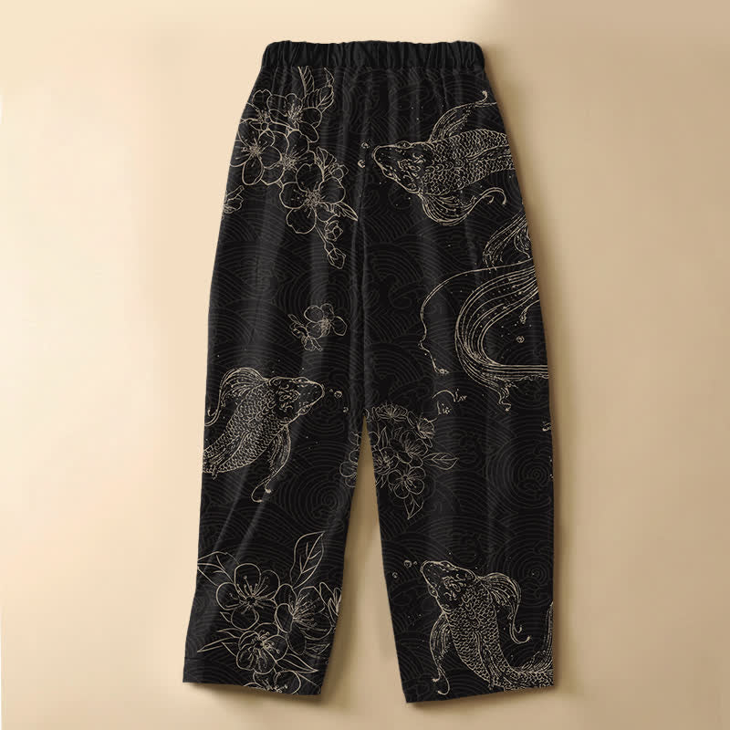 Buddha Stones Pantalones harem de algodón puro con estampado de peces koi, flores, botones de rana y cintura elástica para mujer con bolsillos. - image 1