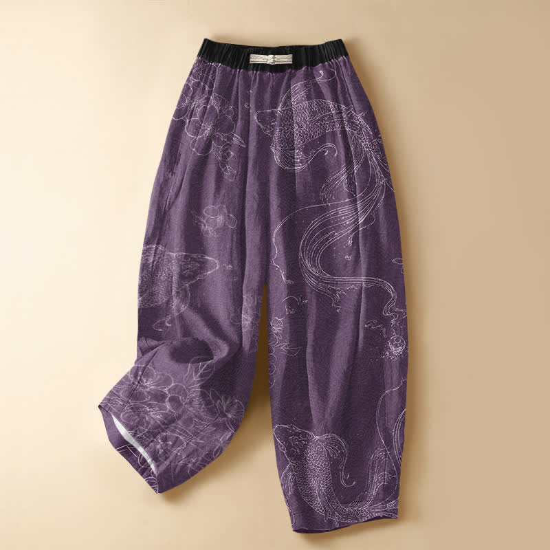 Buddha Stones Pantalones harem de algodón puro con estampado de peces koi, flores, botones de rana y cintura elástica para mujer con bolsillos. - Púrpura - US16，UK/AU20，EU48 (3XL) - image 5