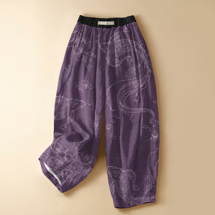 Buddha Stones Pantalones harem de algodón puro con estampado de peces koi, flores, botones de rana y cintura elástica para mujer con bolsillos. - Púrpura - US16，UK/AU20，EU48 (3XL) - image 5