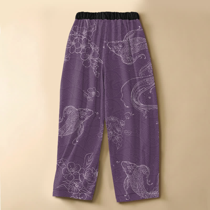 Buddha Stones Pantalones harem de algodón puro con estampado de peces koi, flores, botones de rana y cintura elástica para mujer con bolsillos. - image 6