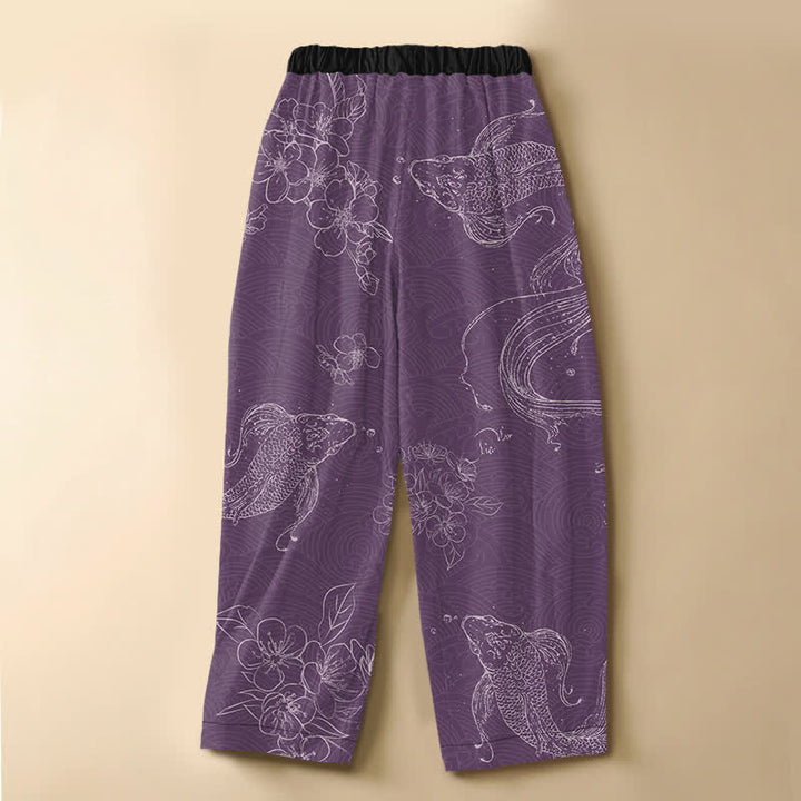 Buddha Stones Pantalones harem de algodón puro con estampado de peces koi, flores, botones de rana y cintura elástica para mujer con bolsillos. - image 6