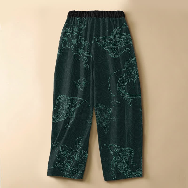 Buddha Stones Pantalones harem de algodón puro con estampado de peces koi, flores, botones de rana y cintura elástica para mujer con bolsillos. - image 8