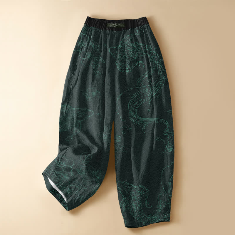 Buddha Stones Pantalones harem de algodón puro con estampado de peces koi, flores, botones de rana y cintura elástica para mujer con bolsillos. - Verde azulado - US16，UK/AU20，EU48 (3XL) - image 7