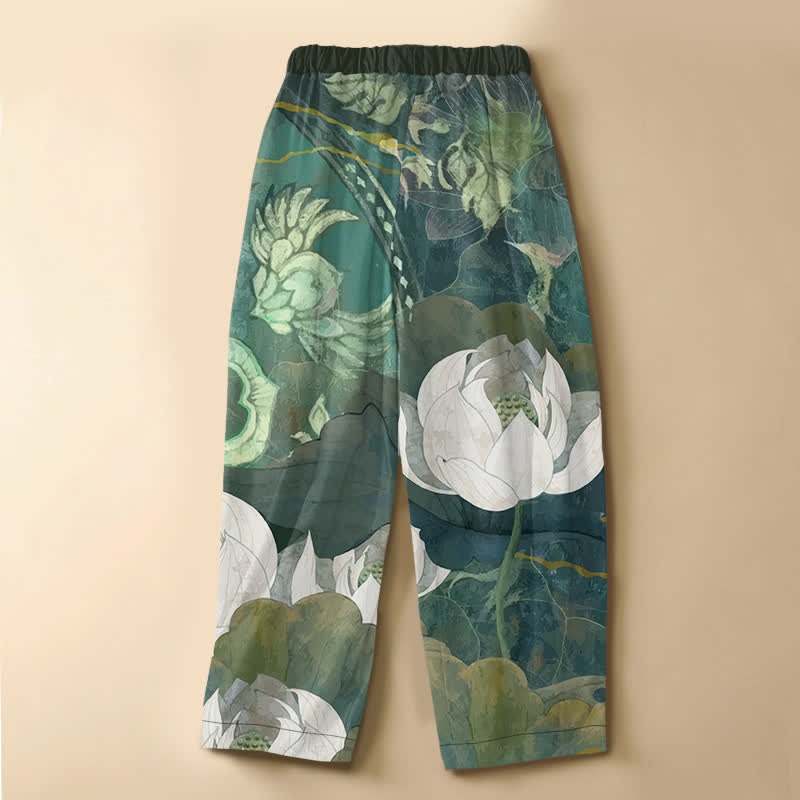 Buddha Stones Pantalones harem de algodón puro con estampado de hojas de loto blancas en acuarela, botones de rana y cintura elástica para mujer con bolsillos. - image 1