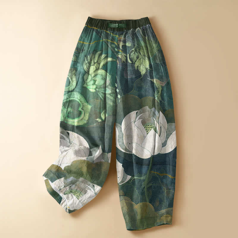 Buddha Stones Pantalones harem de algodón puro con estampado de hojas de loto blancas en acuarela, botones de rana y cintura elástica para mujer con bolsillos. - Verdemar - US16，UK/AU20，EU48 (3XL) - image 0