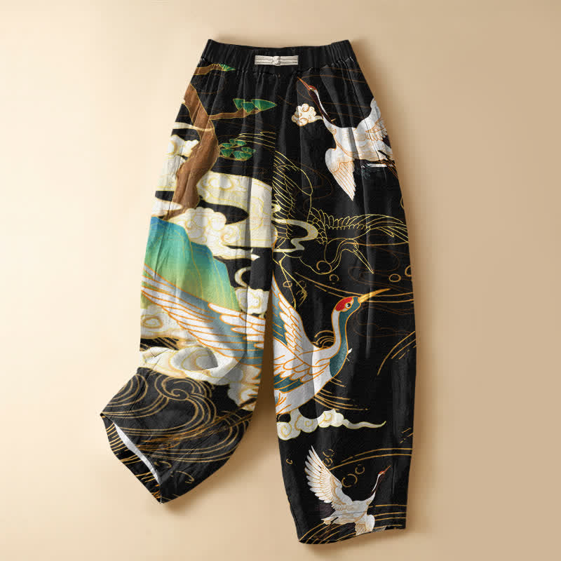 Buddha Stones Pantalones harem de algodón puro con estampado oriental de grullas voladoras y botones de rana para mujer, cintura elástica y bolsillos. - Negro - US16，UK/AU20，EU48 (3XL) - image 0