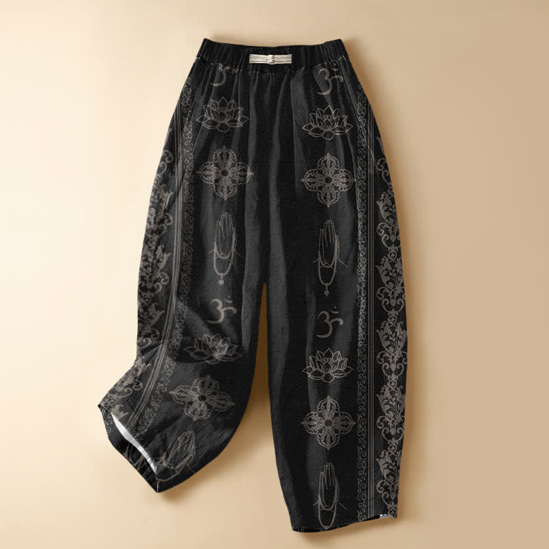 Buddha Stones Pantalones harem de algodón puro con estampado de flores de loto, doble dorje, vajra, namaste y OM, con botones de rana y cintura elástica para mujer, con bolsillos. - Negro - US16，UK/AU20，EU48 (3XL) - image 0