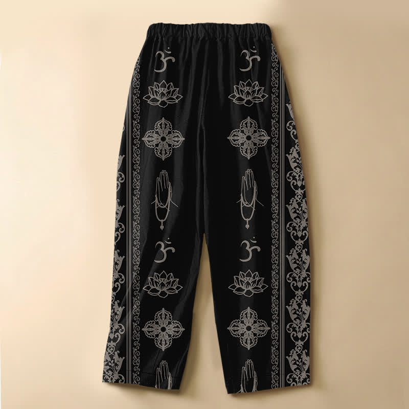 Buddha Stones Pantalones harem de algodón puro con estampado de flores de loto, doble dorje, vajra, namaste y OM, con botones de rana y cintura elástica para mujer, con bolsillos. - image 1