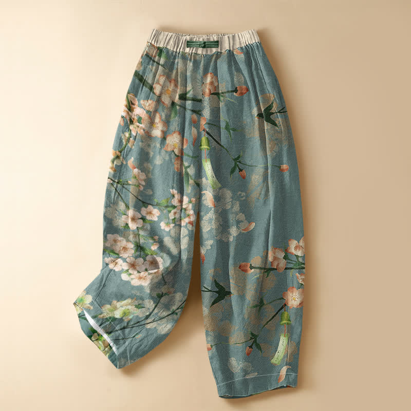 Buddha Stones Pantalones harem de algodón puro con estampado de golondrinas Sakura, botones de rana y cintura elástica para mujer con bolsillos. - Azul cadete - US16，UK/AU20，EU48 (3XL) - image 0