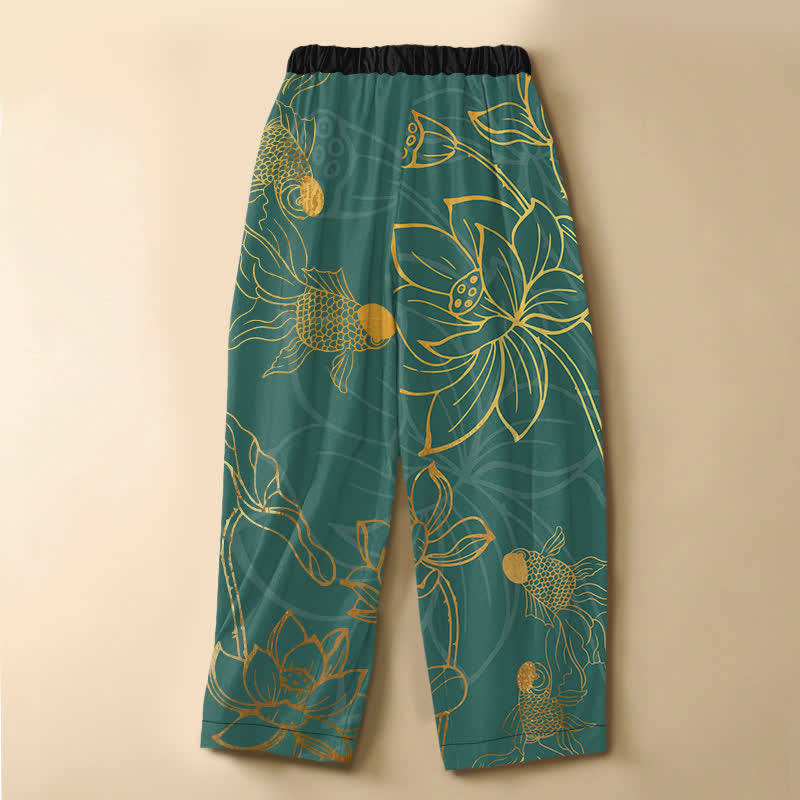 Buddha Stones Pantalones harem de algodón puro con estampado de hojas de loto doradas, peces koi y botones de rana para mujer, con cintura elástica y bolsillos. - image 1