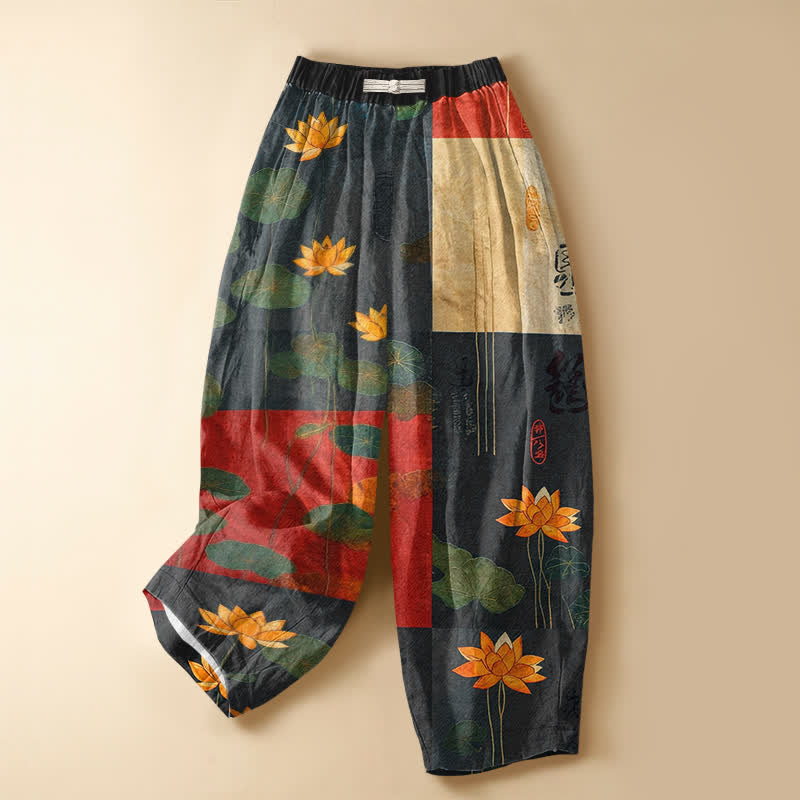 Buddha Stones Pantalones harem de algodón puro con estampado de patchwork de loto vintage, botones de rana y cintura elástica para mujer con bolsillos. - Azul acero - US16，UK/AU20，EU48 (3XL) - image 0