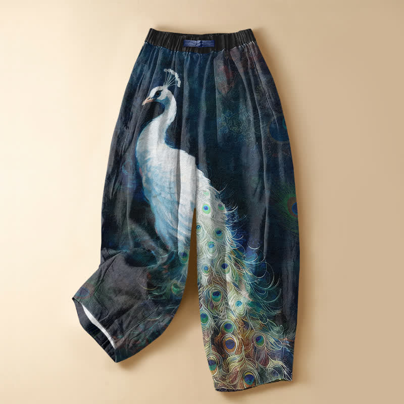 Buddha Stones Pantalones harem de mujer con cintura elástica y bolsillos, estampado de pavo real blanco puro, botones de rana y estampado de pavo real. - Marina de guerra - US16，UK/AU20，EU48 (3XL) - image 0