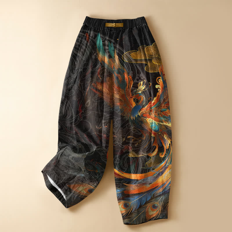 Buddha Stones Pantalones harem de mujer con cintura elástica, bolsillos y estampado de plumas de fénix real, de algodón puro. - Negro - US16，UK/AU20，EU48 (3XL) - image 0