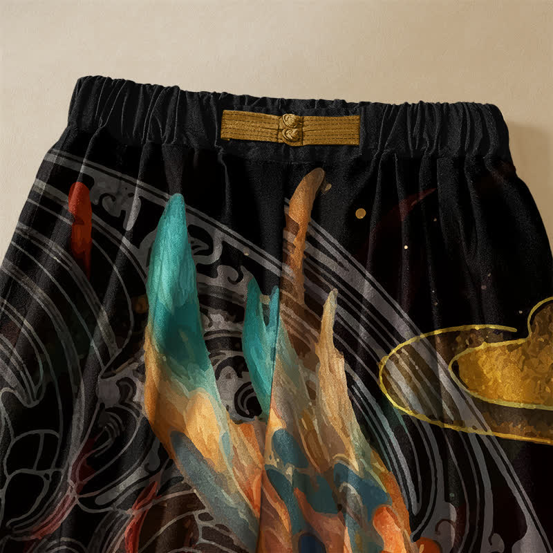 Buddha Stones Pantalones harem de mujer con cintura elástica, bolsillos y estampado de plumas de fénix real, de algodón puro. - image 2