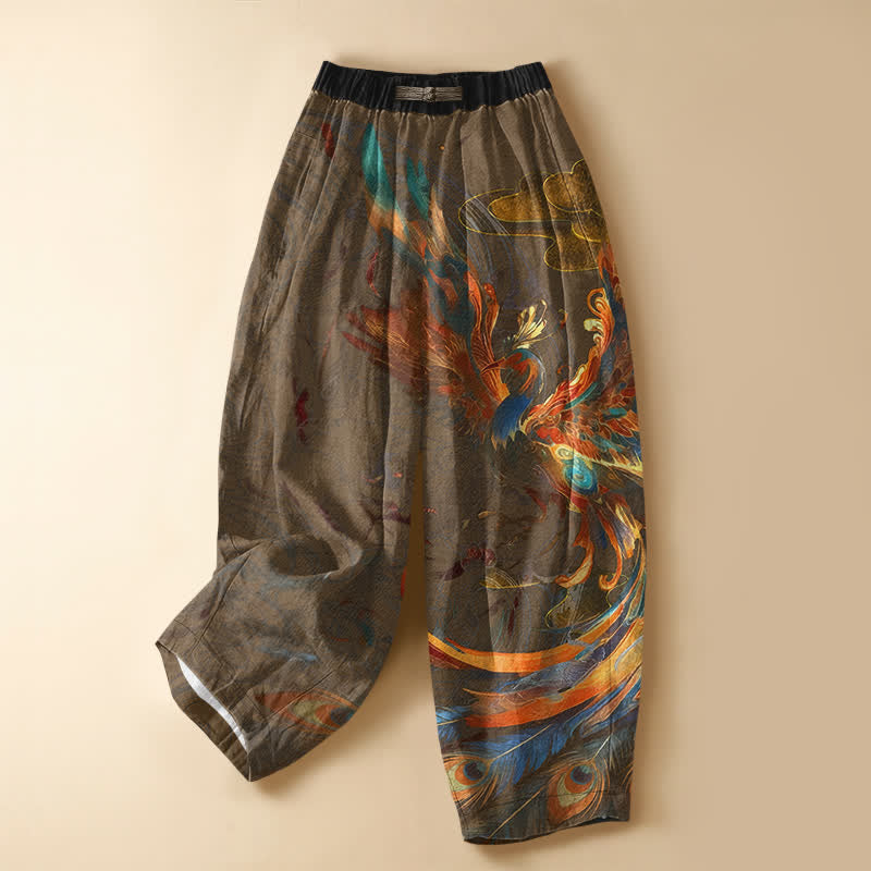 Buddha Stones Pantalones harem de mujer con cintura elástica, bolsillos y estampado de plumas de fénix real, de algodón puro. - Marrón silla de montar - US16，UK/AU20，EU48 (3XL) - image 5