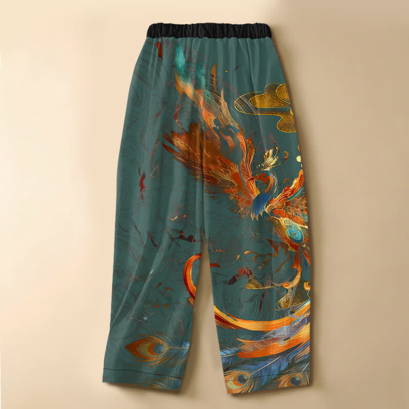 Buddha Stones Pantalones harem de mujer con cintura elástica, bolsillos y estampado de plumas de fénix real, de algodón puro. - image 8