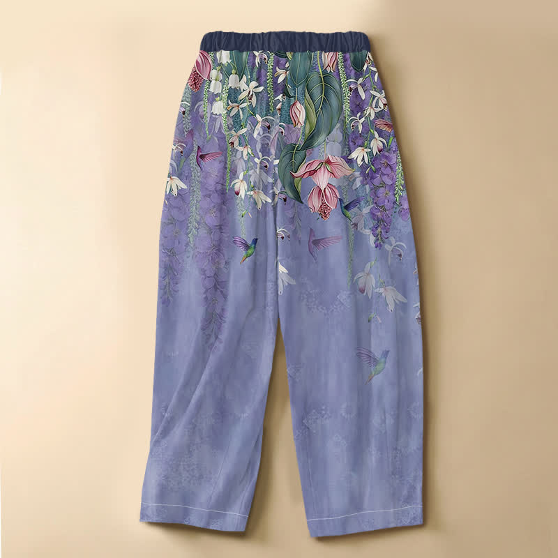 Buddha Stones Pantalones harem de algodón puro con estampado floral de colibrí en acuarela, botones de rana y cintura elástica para mujer con bolsillos. - image 1