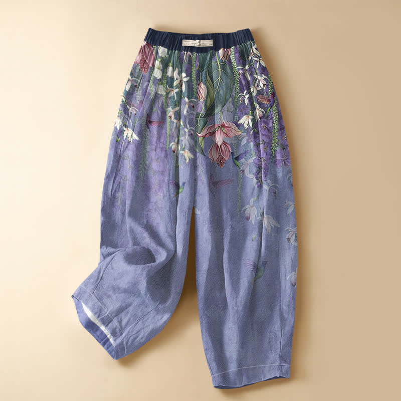 Buddha Stones Pantalones harem de algodón puro con estampado floral de colibrí en acuarela, botones de rana y cintura elástica para mujer con bolsillos. - Azul pizarra medio - US16，UK/AU20，EU48 (3XL) - image 0