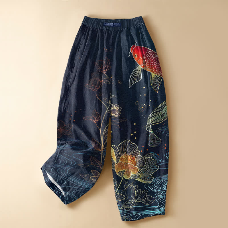 Buddha Stones Pantalones harem de algodón puro con estampado vintage de peces koi rojos, loto y botones de rana para mujer, con cintura elástica y bolsillos. - Marina de guerra - US16，UK/AU20，EU48 (3XL) - image 0