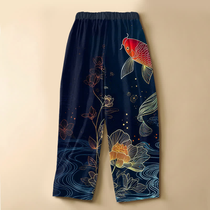Buddha Stones Pantalones harem de algodón puro con estampado vintage de peces koi rojos, loto y botones de rana para mujer, con cintura elástica y bolsillos. - image 1