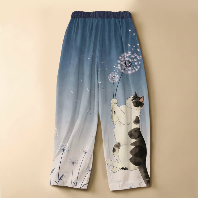 Buddha Stones Pantalones harem de algodón puro con estampado de gato juguetón y diente de león, botones de rana y cintura elástica para mujer, con bolsillos. - image 1