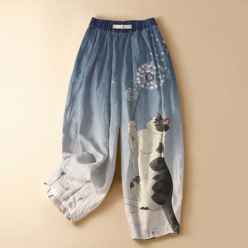 Buddha Stones Pantalones harem de algodón puro con estampado de gato juguetón y diente de león, botones de rana y cintura elástica para mujer, con bolsillos. - Azul acero - US16，UK/AU20，EU48 (3XL) - image 0