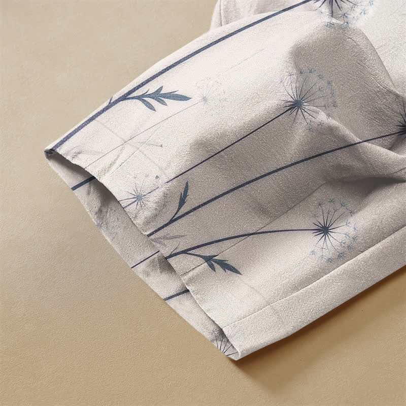 Buddha Stones Pantalones harem de algodón puro con estampado de gato juguetón y diente de león, botones de rana y cintura elástica para mujer, con bolsillos. - image 3