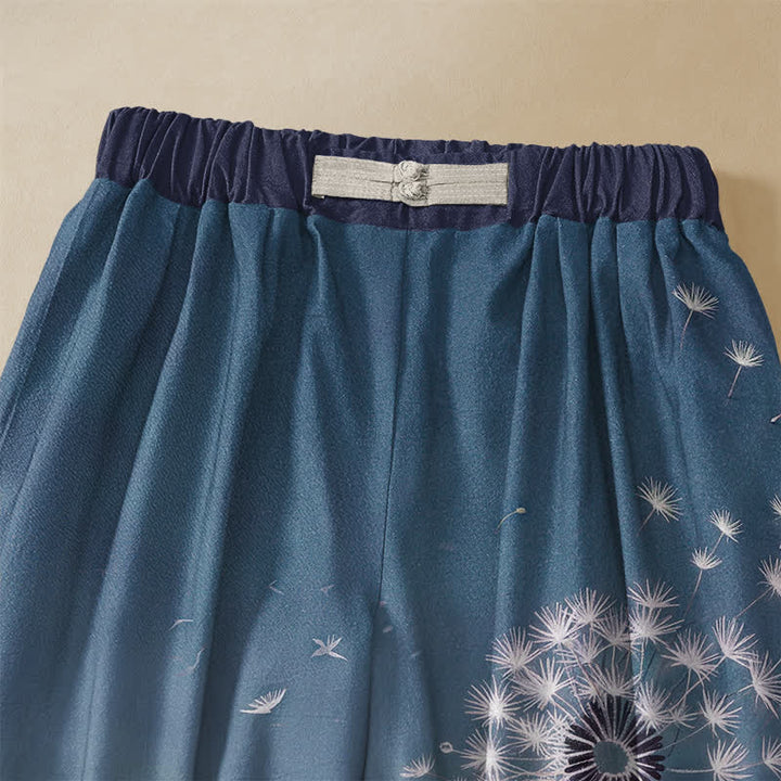 Buddha Stones Pantalones harem de algodón puro con estampado de gato juguetón y diente de león, botones de rana y cintura elástica para mujer, con bolsillos. - image 2
