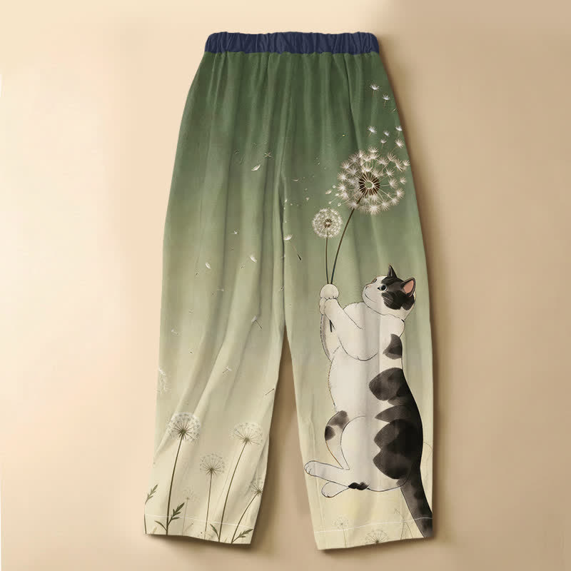 Buddha Stones Pantalones harem de algodón puro con estampado de gato juguetón y diente de león, botones de rana y cintura elástica para mujer, con bolsillos. - image 6