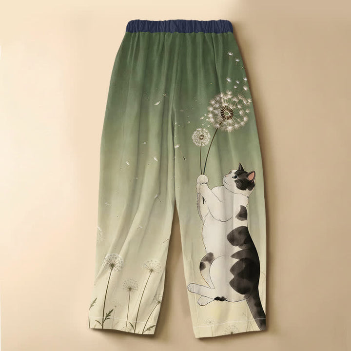 Buddha Stones Pantalones harem de algodón puro con estampado de gato juguetón y diente de león, botones de rana y cintura elástica para mujer, con bolsillos. - image 6